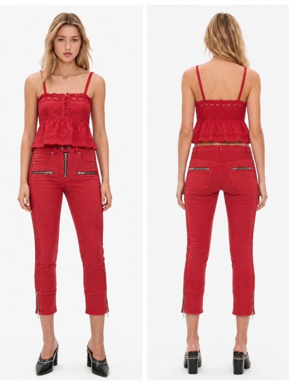Isabel Marant Étoile Red Moto Biker Cropped Jeans Pants Size 38 US 6